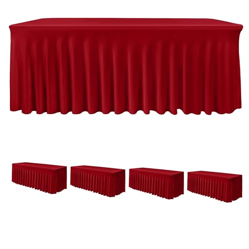 Image of HolidayIdeas 4 Pack Red Spandex Table Skirt for 6 Ft Rectangle Tables, Fitted Stretch Tablecloth 30 x 72 Inch, Wrinkle Resistant Ruffle Design for Valentine's Day, Monther's Day, Trade Shows, Parties