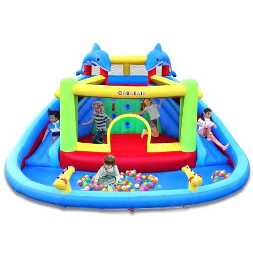Causeair Inflatable Water Slide with Bounce House,Dolphin Styling,Splashing Pool,Double Water Cannon,Climbing Wall,Heavy Duty GFCI Blower,Inflatable Water Park Slide for Kids Backyard Summer