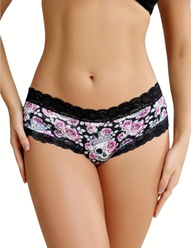 6pcs Gothic Chic Low Rise Bikinis Contrast Lace, Skull & Eyeballs & Stars Print, Women Comfortable Hipster Panties4