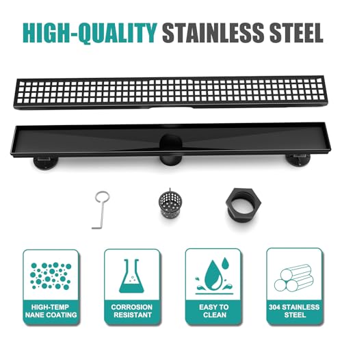 Image of BARONAGE Linear Shower Drain 32 Inch Rectangular Floor Drain with Removable Square Hole Cover and Hair Catcher, Long Shower Drains 304 Stainless Steel CUPC Certified (Matte Black)