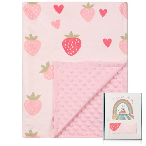 Image of VivaCozy Baby Blankets for Girls with Strawberry Pink, Super Soft Plush Lightweight Nursery Bed Blanket for Newborn Infant Toddler, Cute Crib Throw Blanket with Double Layer Dotted Backing 30x40 Inch