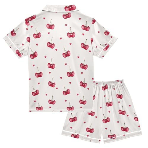 Red Watercolor Cherry Prints Summer Satin Pajama Set, Cute Button-Down Sleepwear Pj Set for Sleep Wears2