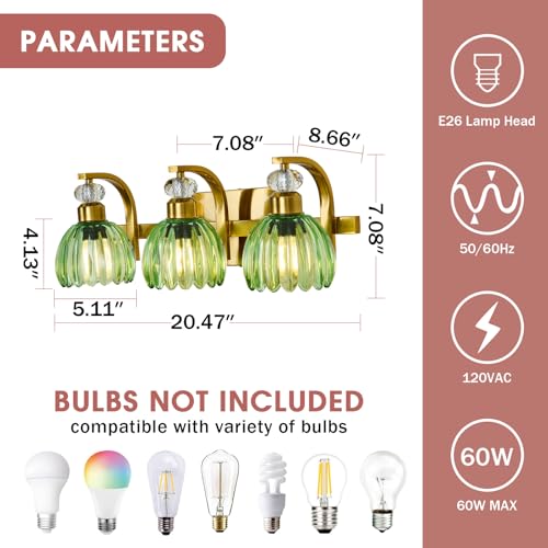Image of Vintage Bathroom Vanity Light Fixture 3 Lights Gold Bathroom Lighting with Green Glass Shade Mid Century Vanity Light Over Mirror for Kitchen Bedroom Living Room Farmhouse