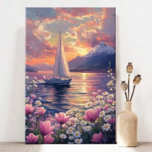 Toile voilier au coucher du soleil et montagnes enneigées, affiche murale romantique 70x100