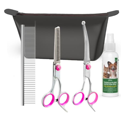Image of SKYTAG Dog Grooming Shears Set V7 | 5 Piece Pet Care Kit with Stainless Steel Scissors | Thinning Shear Curved Fish Mouth Scissor | 2 in 1 Steel Comb | Anti Tick Flea Spray 100 ml | Zip Carry Bag