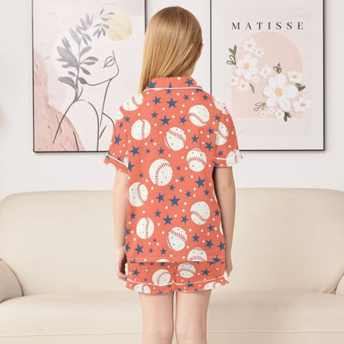 Baseballs with Stars Red Pattern Summer Satin Pajama Set, Cute Button-Down Sleepwear Pj Set for Sleep Wears4