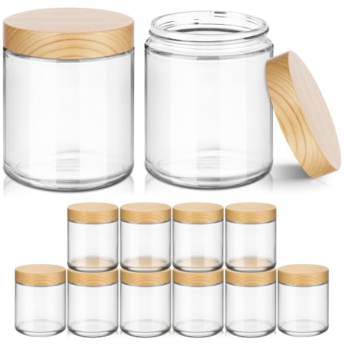 8 oz Glass Jars with Lids, 12 Pack Small Glass Jars with Plastic Woodgrain Lids, Lotion Container Empty Cosmetic Travel Containers for Sample, Cream, Lotion, Honey, Powder
