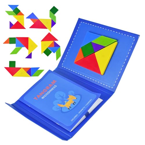 Yunyige Tangram Magnetico,Juegos Tangram Imantados,Tangrams Magnetico Viaje,Tangrams Jigsaw con 160 Formas Disección Puzzles con Solución (Azul)