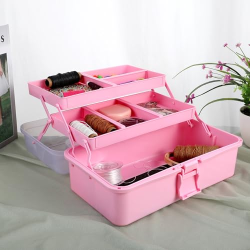 Image of Molain 3-Layer Multipurpose Storage Box, 13Inches Folding Tool Box, Medicine Box Family First Aid Box with 2 Trays, Art & Crafts Case Sewing Supplies Organizer for Art Craft and Cosmetic(Pink)