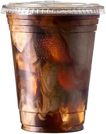 Durameg 100 Sets 16 oz. Plastic Clear Cups with Flat Lids for Iced Coffee Bubble Boba Tea Smoothie