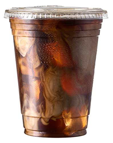 Durameg [100 Count - 16 oz. Crystal Clear PET Plastic Disposable Cups with [No-Slot Flat Lids]