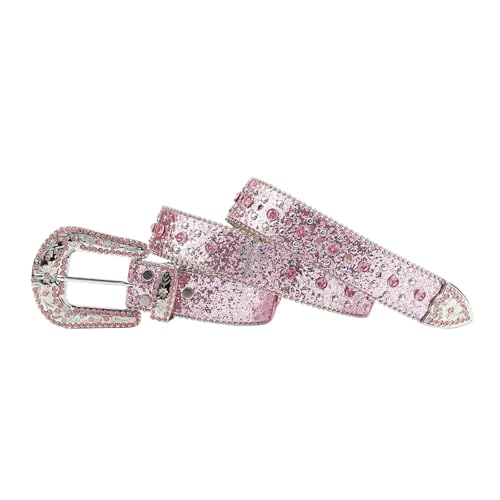 Pink Cross-rivet Rhinestone Belt Sparkles, Punk Rock Inlaid Leather Belt For Men's Jeans2