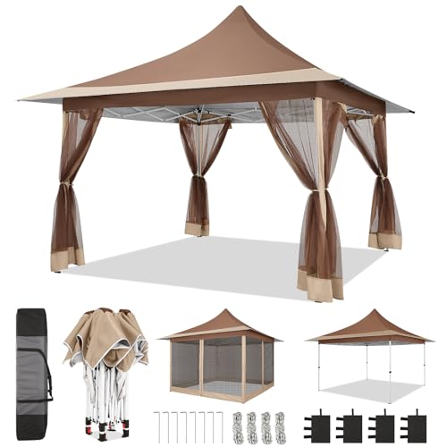Image of COBIZI 12x12 Pop up Canopy Gazebo on Clearance, Outdoor Canopy Tent with Mosquito Netting & Waterproof Roof & Sandbags & Carrying Bag,Patio Portable Gazebo for Garden,for Backyard,Brown