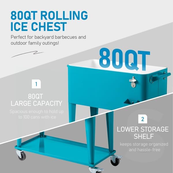 Party Cooler, Rolling Ice Chest with Wheels for Outdoor Patio, Rolling Ice Chest, Portable Patio Party Bar Drink Cooler Cart, Cooling Bins, Portable Patio Party Bar Drink Cooler Cart (Green)