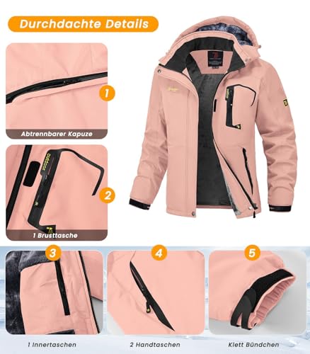 Rdruko Skijacke Damen Warme Winterjacke Gefüttert Verdickt Softshelljacke Wasserdicht Snowboardjacke Atmungsaktiv mit Abtrennbarer Kapuze - Rosa, S