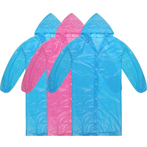 Rain Poncho Adult Ponchos Reusable Raincoat 3 Pack No Plastic Smell,Light Weight and Perfect for Outdoor Activities (2 Blue +1 Rose red)