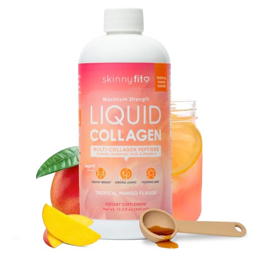 SkinnyFit - Liquid Collagen Tropical Mango (24 Servings) - Multi Collagen Peptides - D-Biotin Hyaluronic Acid Vitamin C - Non GMO Gluten Free - Dairy & Sugar Free - Body & Skin Care - 12.2 fl oz