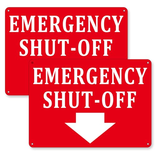 (2 Pack) Aluminum Emergency Shut-Off Sign, Emergency Shut-Off Signs with Down Arrow - Reflective Weatherproof & Rust-Free - Compliant Safety Sign for Doors and Wall - Easy to Install (10