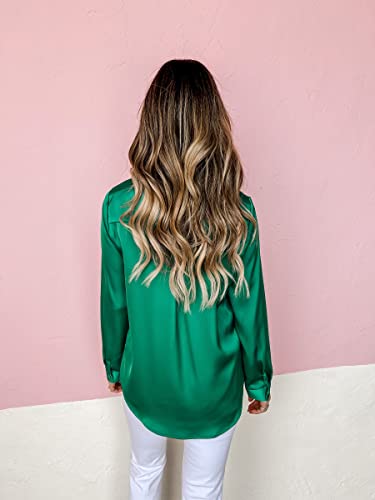 Pausus Womens Silk Button Down Shirt Slim Fit Long Sleeve Work Shirt Satin Blouses With Pocket(Green,M) #TOP3