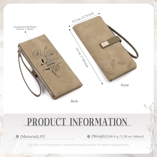 Personalized Birth Flower Wristlet Wallets for Women Custom Name Bifold Long Purse Leather Wallet Birthday Gifts for Mom Grandma Ladies (khaki)2