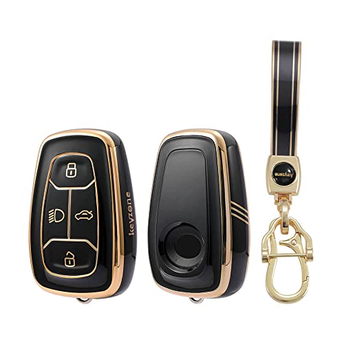 Image of Keyzone TPU Car Key Cover and Keychain fit for: Tata Nexon, Harrier, Tigor, Safari, Altroz, Punch Smart Key (Gold Black with Gold Black Keychain)