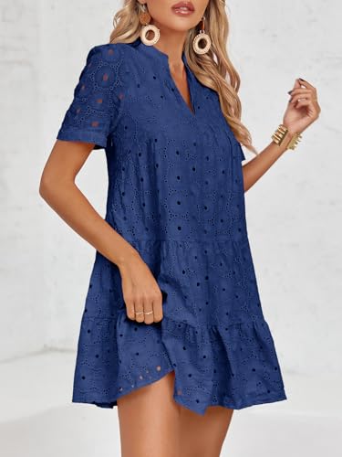 Image of Imily Bela Womens Summer Lace Dresses Eyelet Casual Flowy Babydoll Swing Short Sleeve V Neck Tunic Dress