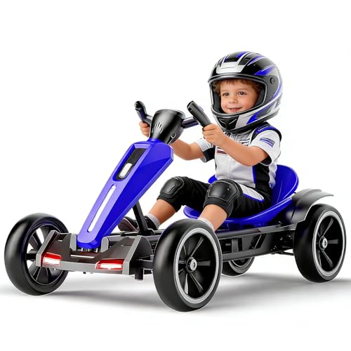 AWUCRSI 12V Electric Go Kart for Kids, Foldable Ride On Toy with Dual Motor, EVA Tires, Adjustable Seat, Bluetooth Music & Colorful LED Lights, Ages 3+ Beginner-Friendly (Blue)