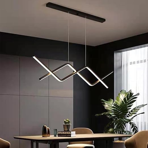 Image of Modern LED Hanging Light Fixture Dimmable Linear Pendant Adjustable Creative Chandelier Interior Lighting Decoration for Dining Rooms Kitchen (Black Three Color dimming)