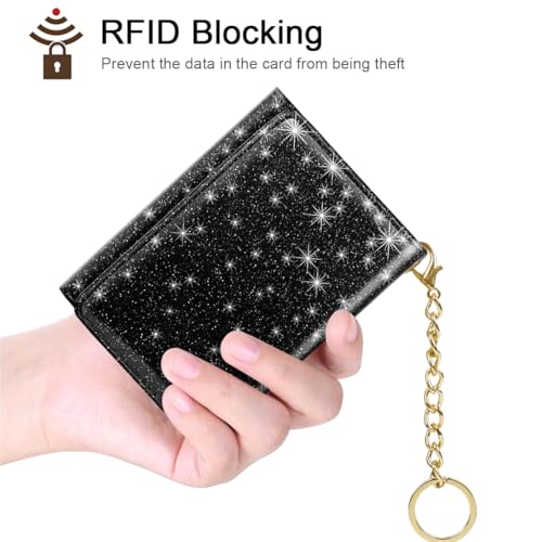 Image of Trifold Small RFID Blocking Wallet Pocket Cute Short Slim Sparkling Credit Card Holder Leather Keychain Ladies Mini Purse with ID Window, Glitter Black