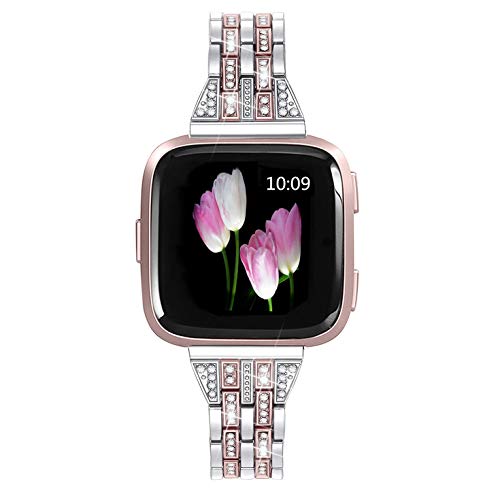 Mtozon Bandas de Metal compatibles con Fitbit Versa/Versa 2/Versa Lite, reemplazo de Metal Rhinestone Bling Pulsera para Mujer, Plata, Oro Rosa y Negro, Plata con Oro Rosa.