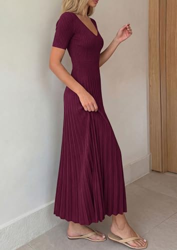 PRETTYGARDEN Women's 2026 Spring Midi Sweater Dresses Elegant Pleated Ribbed Knit Short Sleeve V Neck A Line Summer Outfits (Burgundy,Small) - image 4