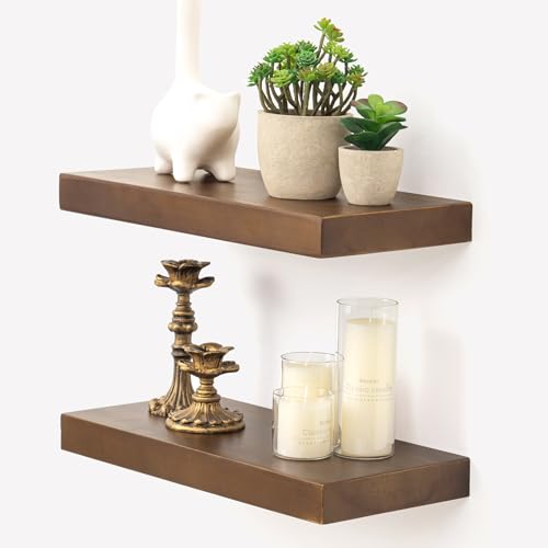 Image of Marsmiles Wood Floating Shelves | Rustic Dark Wood Wall Shelves Set of 2 | 16 inch W x 7.7 inch D x 1.6 inch H Dark Wooden Shelves for Bathroom Living Room Kitchen