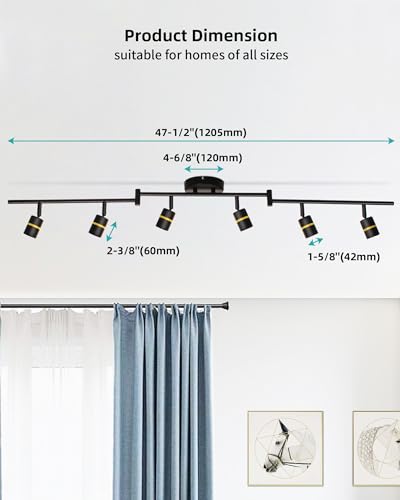 HiBay Track Lighting Fixtures, 6-Light Ceiling Light Kit, Foldable Arm and Rotatable Light Head, Matte Black Ceiling Spot Lights Fitting for Kitchen, Dining, Living Room, E26 Base, Bulbs Not Included