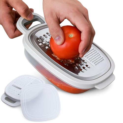 Rallador de cocina con recipiente y tapa. Rallador profesional con 3 cuchillas diferentes y depósito de alimentos. Rallador con deposito multiusos para queso, verduras, tomate, zanahoria, trufa (A)