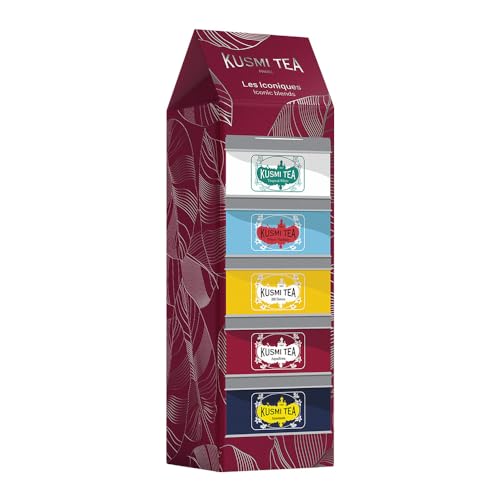 Kusmi Tea - Coffret "Les Iconiques" - Assortiment de Thés Bio - Idée Cadeau Homme et Femme - Thé Noir, Thé Vert, Thé Blanc et Infusion - Fabriqué en France - 5 Boîtes de 25g