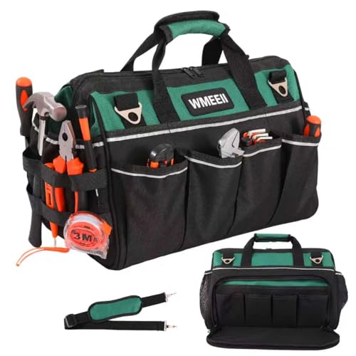 WMEEII 18-Inch Heavy Duty Tool Bag, 24-Pocket Empty Tool Bag Organizer,1680D Oxford Portable Tool Bags for Men,Soft Handle Large Zipper Toolbag for HVAC Craftsmen Contractors Carpenter by WMEEII - Used condition - US$18.84