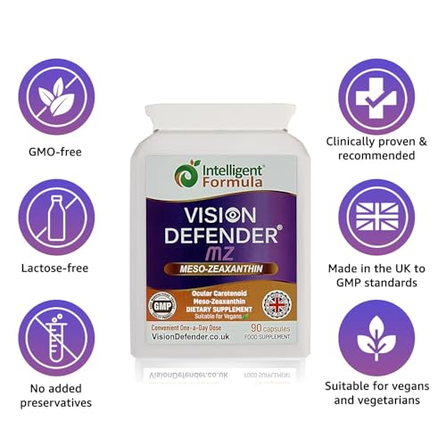 Vision Defender Meso Zeaxanthin Vegan Eye Supplement MZ- Protect and Improve Ocular Health & Eye Care, High Strength Antioxidant Carotenoid Meso-Zeaxanthin for Eyes (90 Capsules/One Daily) Made in UK