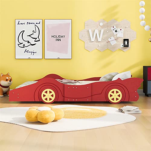 Lls Race Car Bed, Solid Wood Floor Bed With Wheels And Safety Guardrails, Twin Size Platform Bed With Slats Support For Boys Girls Adults, No Spring Box Needed, Red #TOP2
