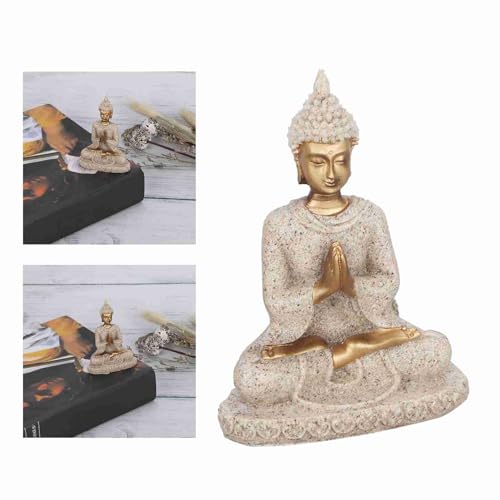Estatua de Buda meditando talla en arenisca dorada miniatura 6