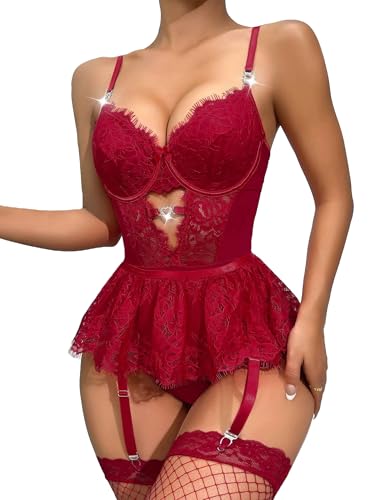 Image of Alrovetoney Women Lingerie Set Naughty Lace Bodysuit High Waisted Underwire Lingerie Babydoll With Garter Belt and Stockings