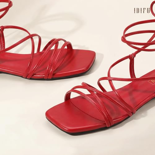 Image of IDIFU Strappy Lace Up Flat Sandals for Women Tie Up Square Open Toe Ankle Wrap Straps Dressy Gladiator Summer Beach Wedding Party Ladies Comfortable Cute Casual Dress Sandals