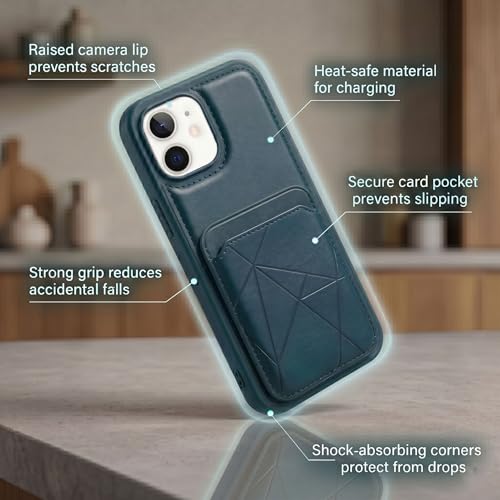 Image of amazon basics Premium Vegan Leather Back Cover with Card Holder and Integrated Mobile Stand for iPhone 12 - Slim Shockproof Wallet Case with Geometric Stitching [Blue]