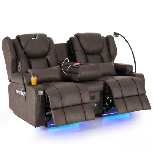 Image of Redlife Power Loveseat Recliner Sofa with Console, Leathaire Farbic Dual Reclining Couch with Blue LED Lights, Bluetooth Speakers, USB Ports, Phone Holders, Home Theater & RV Recliner (Coffee Brown)