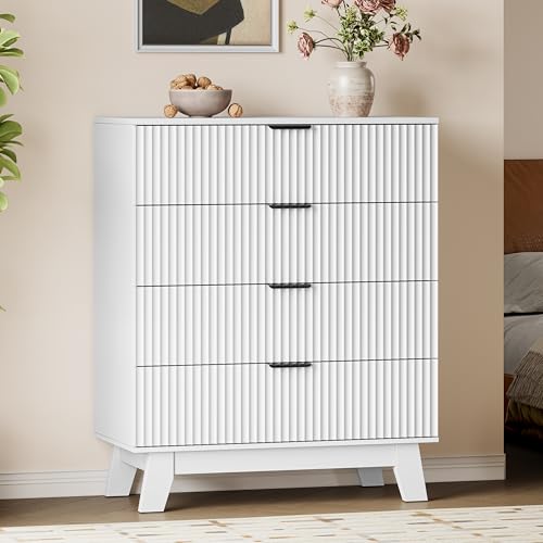 Image of BORNOON 39 inch Tall Dresser for Bedroom, 4-Drawer Fluted Chest of Drawers, Modern Wood Highboy with Deep Storage, Metal Slides & Handles, Anti-Tip Kit, Vertical Clothes Organizer for Apartment, Nursery