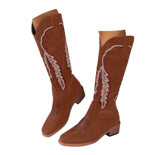Xbemkste Bottes de cowboy pour femme - Bottes longues avec broderies - Bottes hautes vintage - Bottes western à enfiler - Bottes d'hiver élégantes pour femme, marron, 37.5 EU