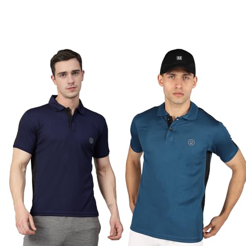 Image of CHKOKKO Men's Active Sports Wear Polo Half Sleeve Gym Tshirt with Button Collar Quick Dry Breathable Perfect for Workout Running Regular Fit Pack of 2