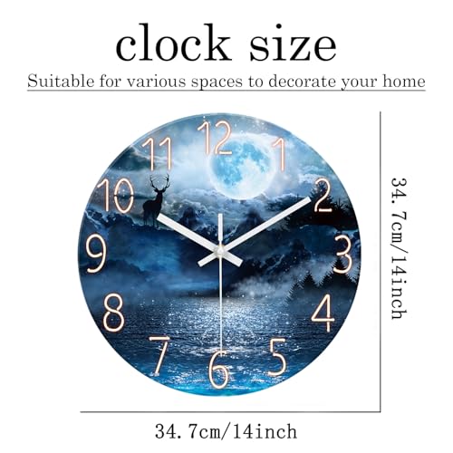 Image of XFM Moon Forest Deer 14 Inch Silent Blue Glass Wall Clock