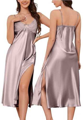 Image of ALCEA ROSEA Women Silk Satin Nightgown Sexy Lace Chemise Lingerie Long Sleepdress for Ladies Sleepwear Slip Negligee