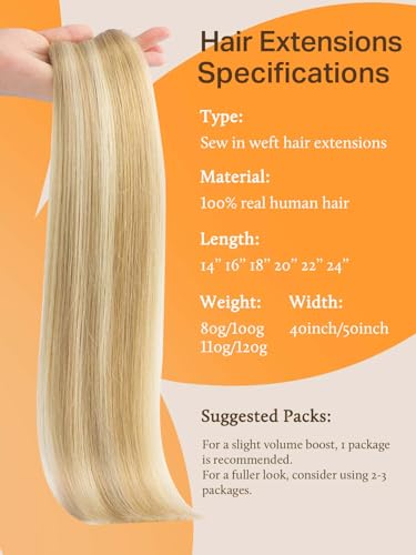 Image of DOORES Sew in Hair Extensions Real Human Hair, Dark Blonde Highlighted Bleach Blonde 14 Inch 80g, Hand Tied Natural Straight