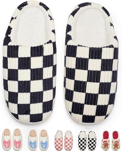 Cxiboh Black Checkered House Slippers for Women Indoor Outdoor Fuzzy Soft Comfy Non-slip Bedroom Shoes with Memory Foam（A-black-3637）